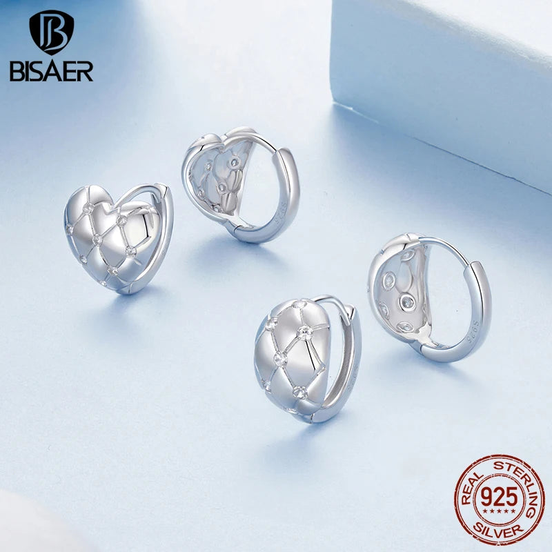 BISAER 925 Sterling Silver Quilting Hoop Earrinngs Heart Stud Earrings Plated White Gold for Romantic Women Party Fine Jewelry