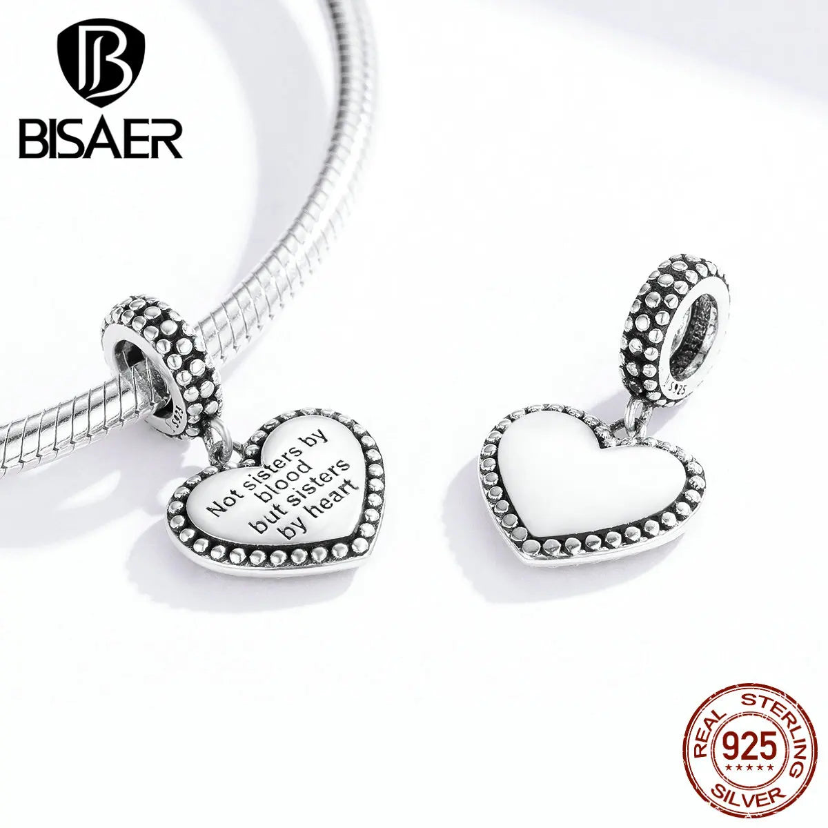 BISAER 100% 925 Sterling Silver Vintage Heart Charm Bead Four Leaf Clover Pendant Fit Women DIY Necklace Bracelet Fine Jewelry