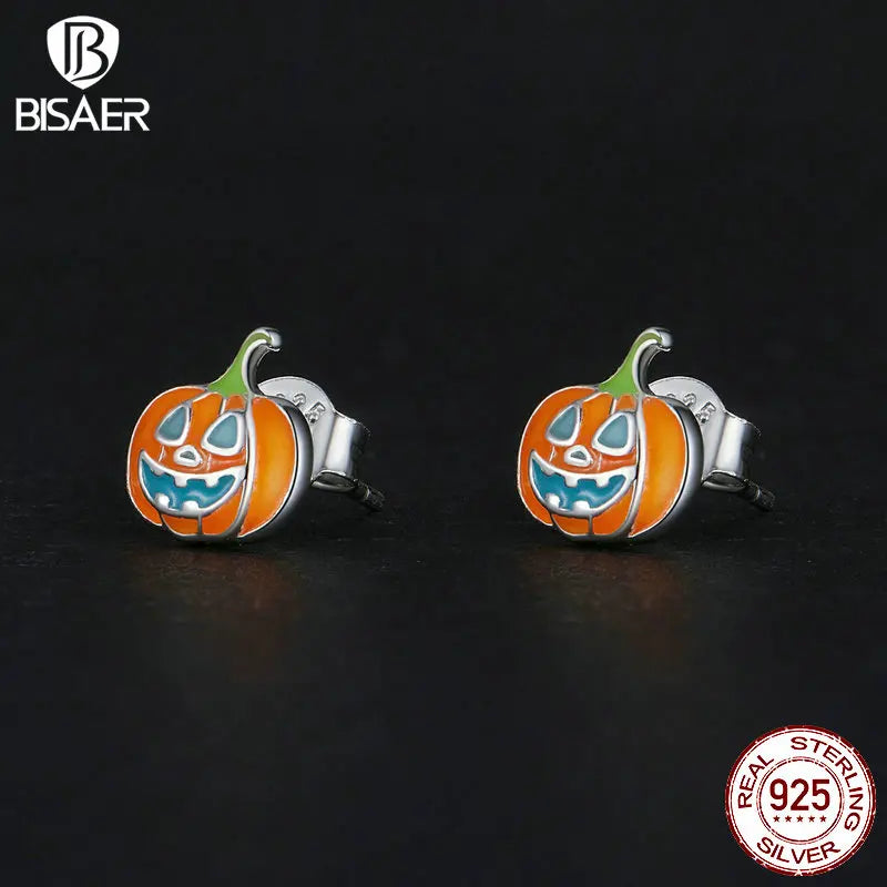 BISAER 925 Sterling Silver Glow-in-the-dark Pumpkin Stud Earrings Luminous Earrings for Women Party Halloween Fine Jewelry Gift