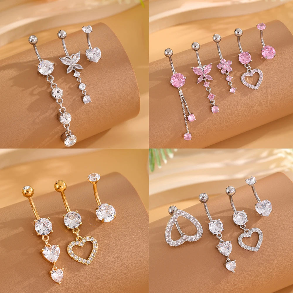 3-5pcs Mixed-Style Sets Heart Flower Dangle Belly Button Rings Stainless Steel Butterfly Curved Zircon Belly Piercing Navel Ring