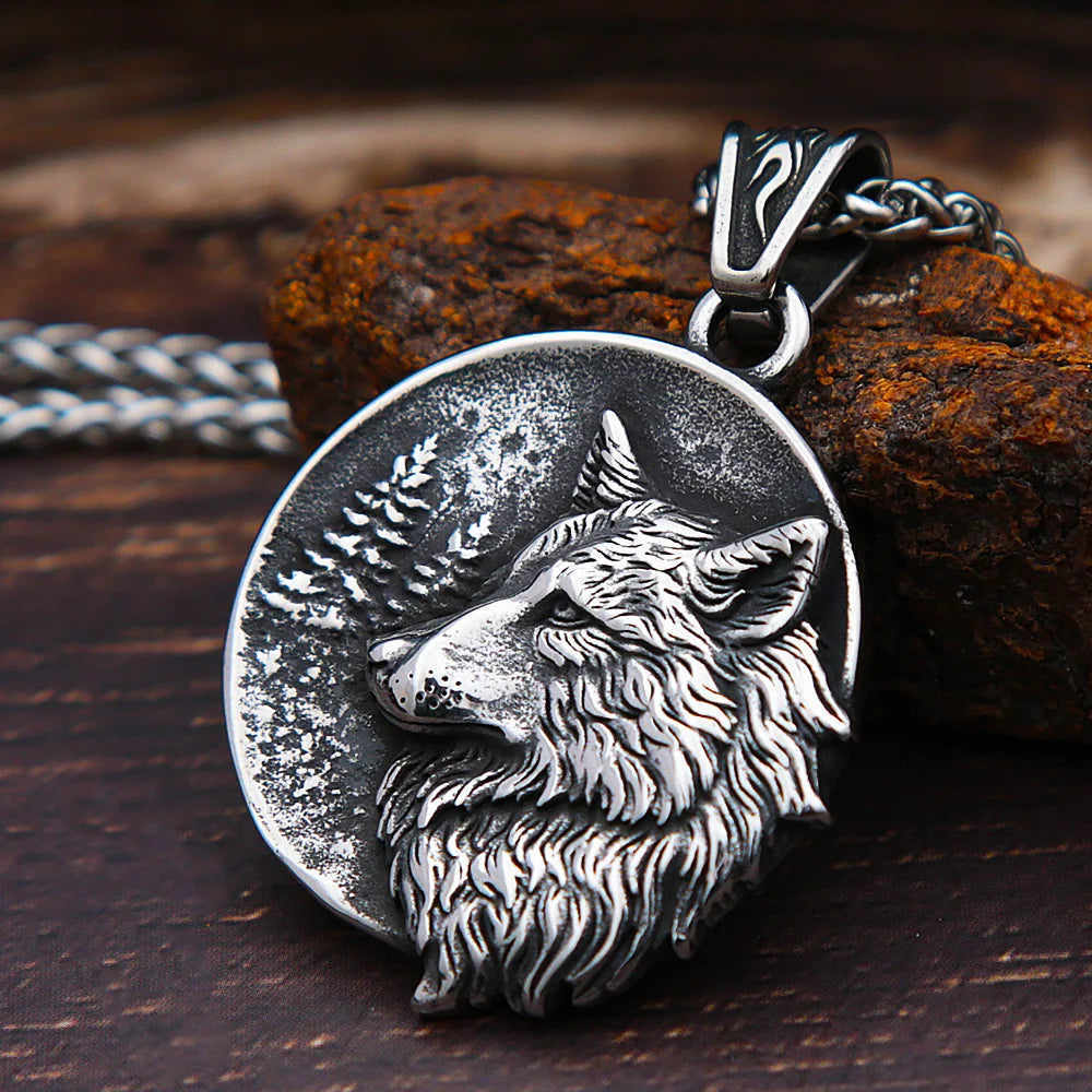 Men Vintage Viking Wolf Pendant Necklace Punk Street Rock Nordic Stainless Steel Odin Wolf Head Necklace Fashion Jewelry