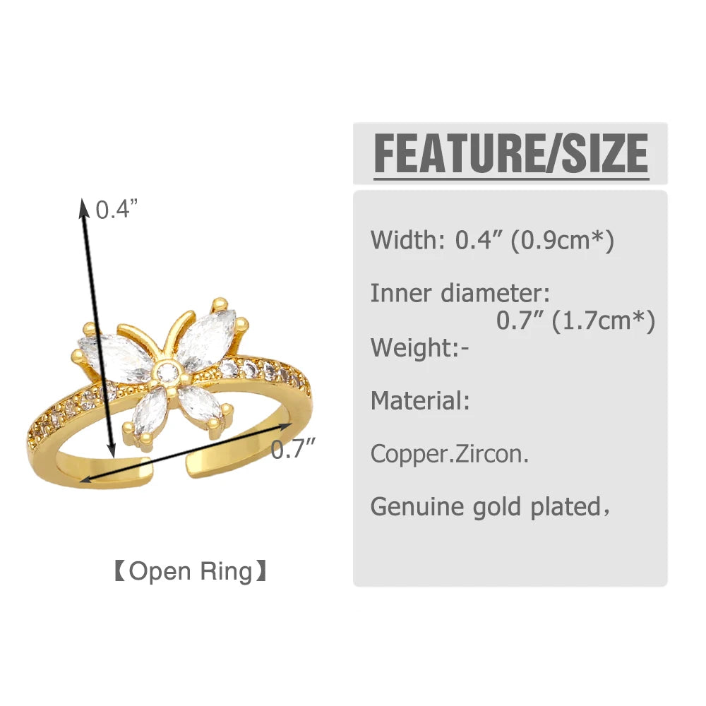 OCESRIO Trendy White Crystal Heart Rings for Women Copper Gold Plated Butterfly Adjustable Open Ring Jewelry Women Gift rigk17