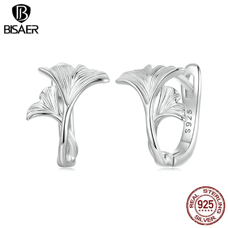 BISAER 925 Sterling Silver Ginkgo Leaf Hoop Earrings Plated White Gold For Girl's Romance Party Weeding Fien Jewelry autumn Gift