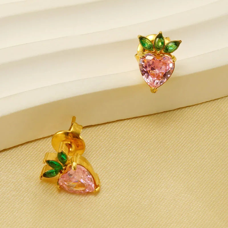 INS Summer 18K Gold Color Stainless Steel Pink Cubic Zirconia Fruit Stud Earrings Waterproof Cute Post Earring Jewelry Gift