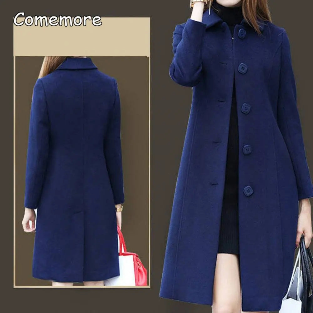 Comemore Autumn Women Coat Mid-Length Collar Elegant Warm Winter Jacket Single-Breasted Solid Color Turn-down Plus Size 3XL 4XL