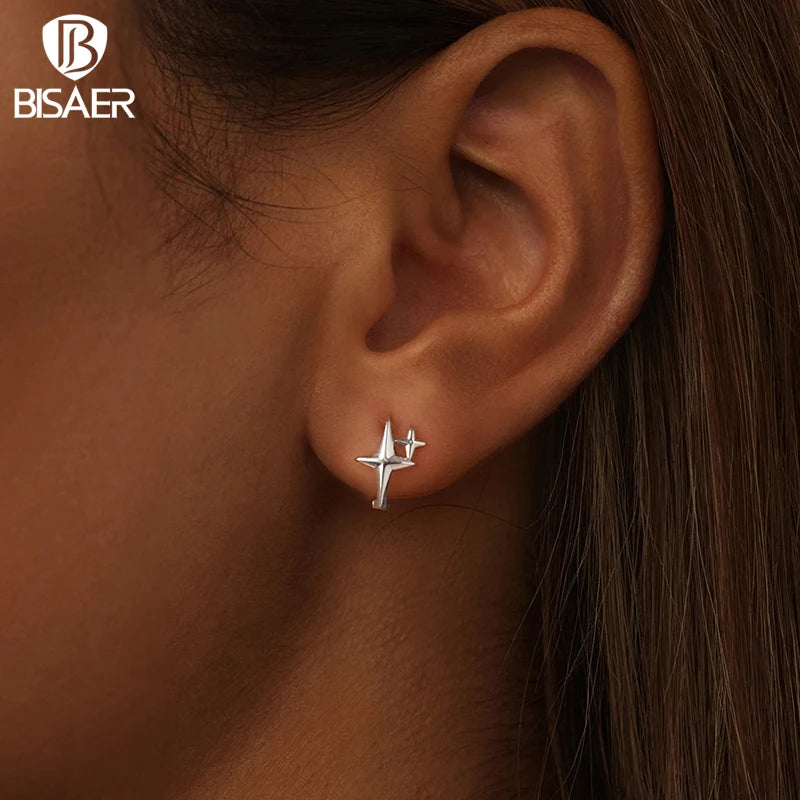 BISAER 100% 925 Sterling Silver Starlight Hoop Earrings Dreamy Stars Stud Earring For Women Party Weeding Fien Jewelry EFE1076