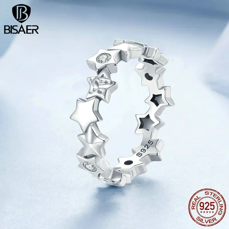 Bague BISAER en argent sterling 925 avec étoiles éblouissantes et zircone scintillante pour femme, bijou fin et original, idéal pour une fête, EFR585