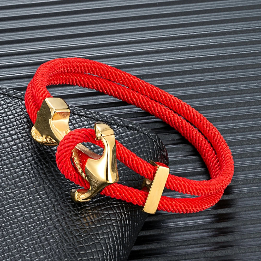 MKENDN Anchor Bracelets Men Women Double strand Nautical Surfer Waterproof Rope Bracelet Women Gold Plated Stainless Steel Hook