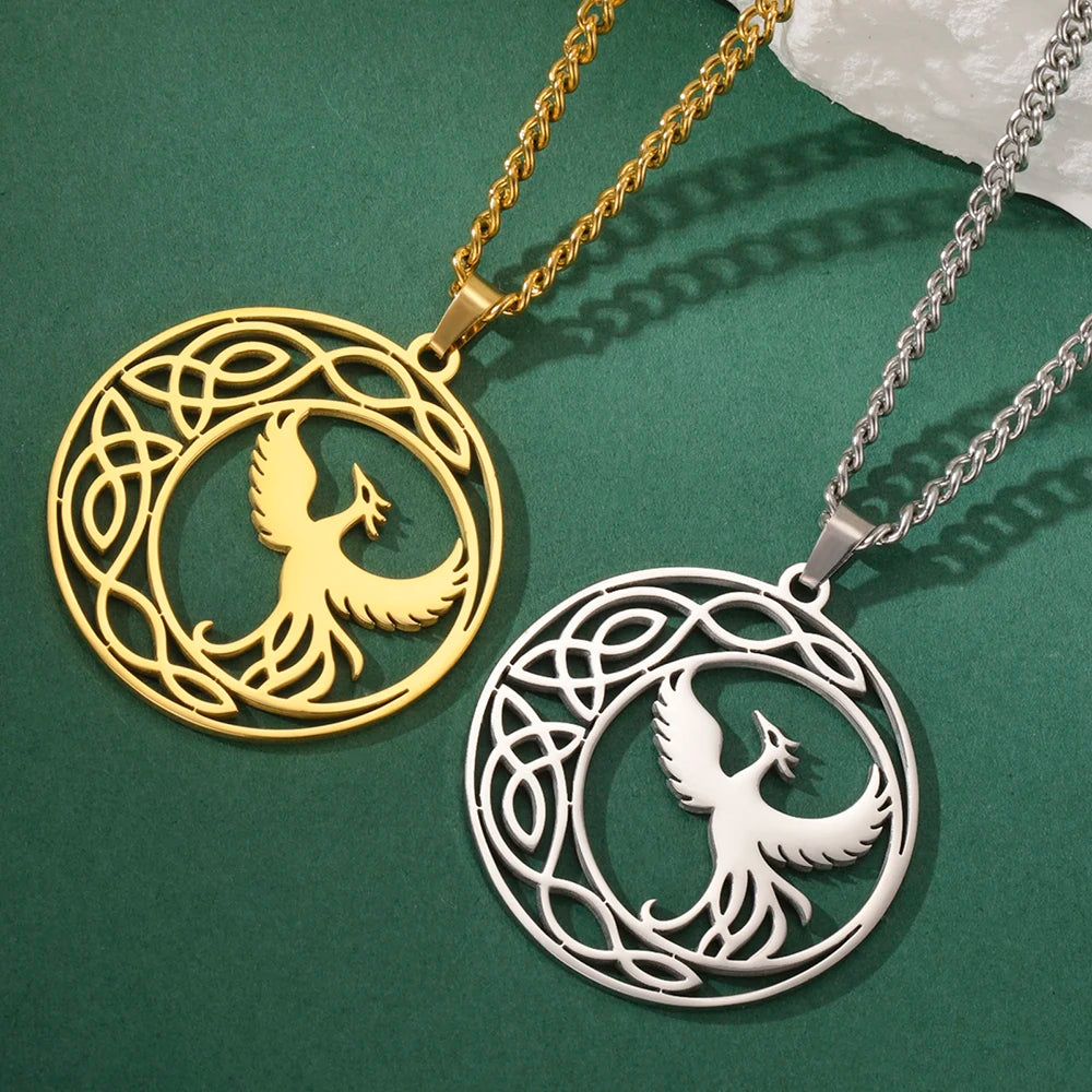 Dawapara Mythological Animals Phoenix Necklace Powerful Totem Celtic Crescent Moon Protection Amulet Stainless Steel Jewelry