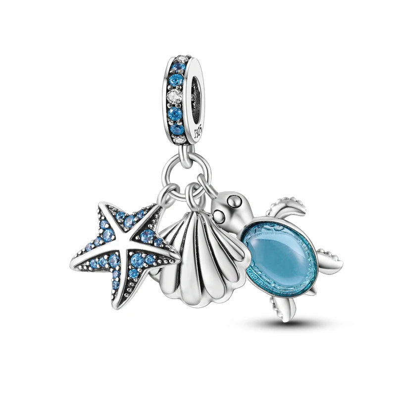 New 925 Sterling Silver Shell Sea Star Turtle Ocean Series Pendant Fit Original Pandora Bracelet Snake Chain Beaded Women Gift