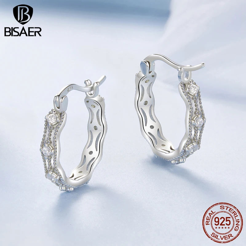 BISAER Real 925 Sterling Silver Lace Sparkling Hoop Earring  Round Circle Cubic Zirconia Stud Ear For Woman Party Fine Jewelry