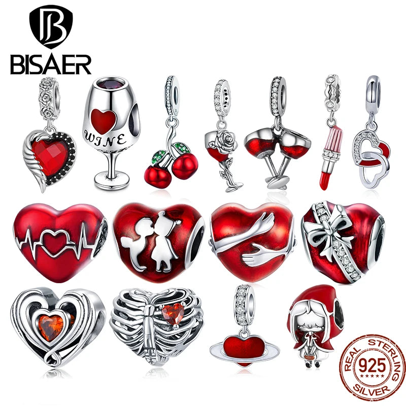 BISAER 925 Sterling Silver Red Color Charm Beads Colgante de corazón para pulsera Collar Joyería DIY Regalo de cumpleaños de San Valentín