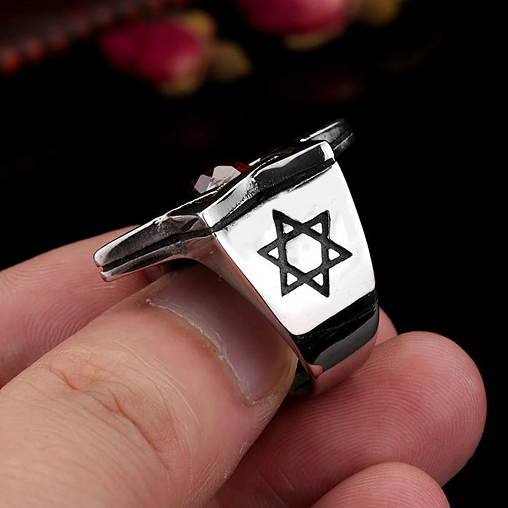 Vintage Fashion Star of David Ring 316L Stainless Steel Red Stone Rings For Men Women Punk Hip Hop Party Jewelry Gifts Wholesale