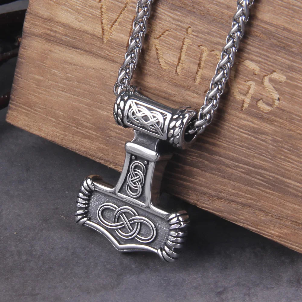 Fashion Valknut Viking Thor's Hammer Pendant Necklace With keel Chain As Men Gift with wooden box