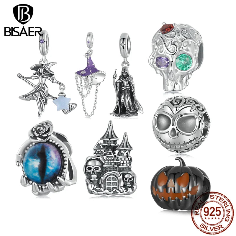 BISAER 925 Sterling Silver Vintage Patterned Skull Charm Bead Luminous Witch Hat Pendentif Fit DIY Bracelet Bijoux Halloween Cadeau