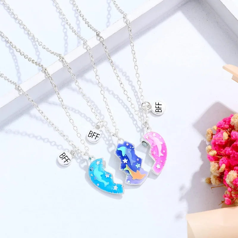 Collar de amistad para mejores amigas para 3 niñas, colgante magnético de delfín con corazón a juego, collares BFF para hermanas, joyería de animales