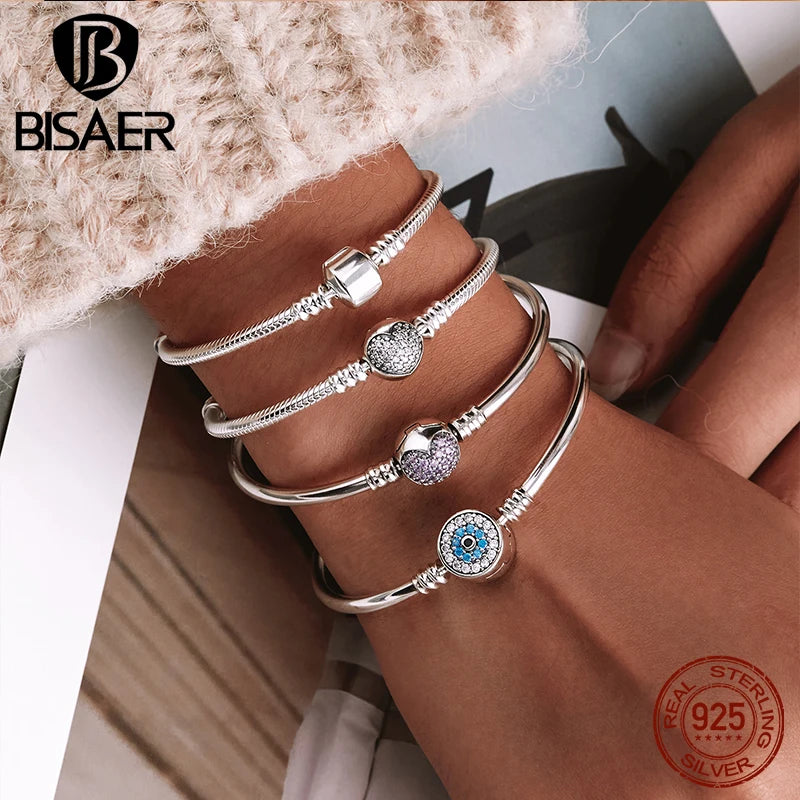 BISAER 925 Sterling Silber Dämon Auge Armbänder Blau Bösen Augen Armreifen Pflastern Einstellung Zirkon 17-21CM für Frauen Party edlen Schmuck