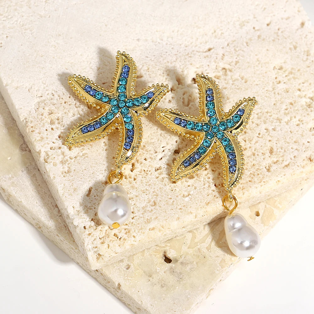 Bohemia Star Fish Earrings Drop Pearl Blue Rhinestones Dangle Earrings for Women Starfish Jewelry Summer Holiday Beach Gifts