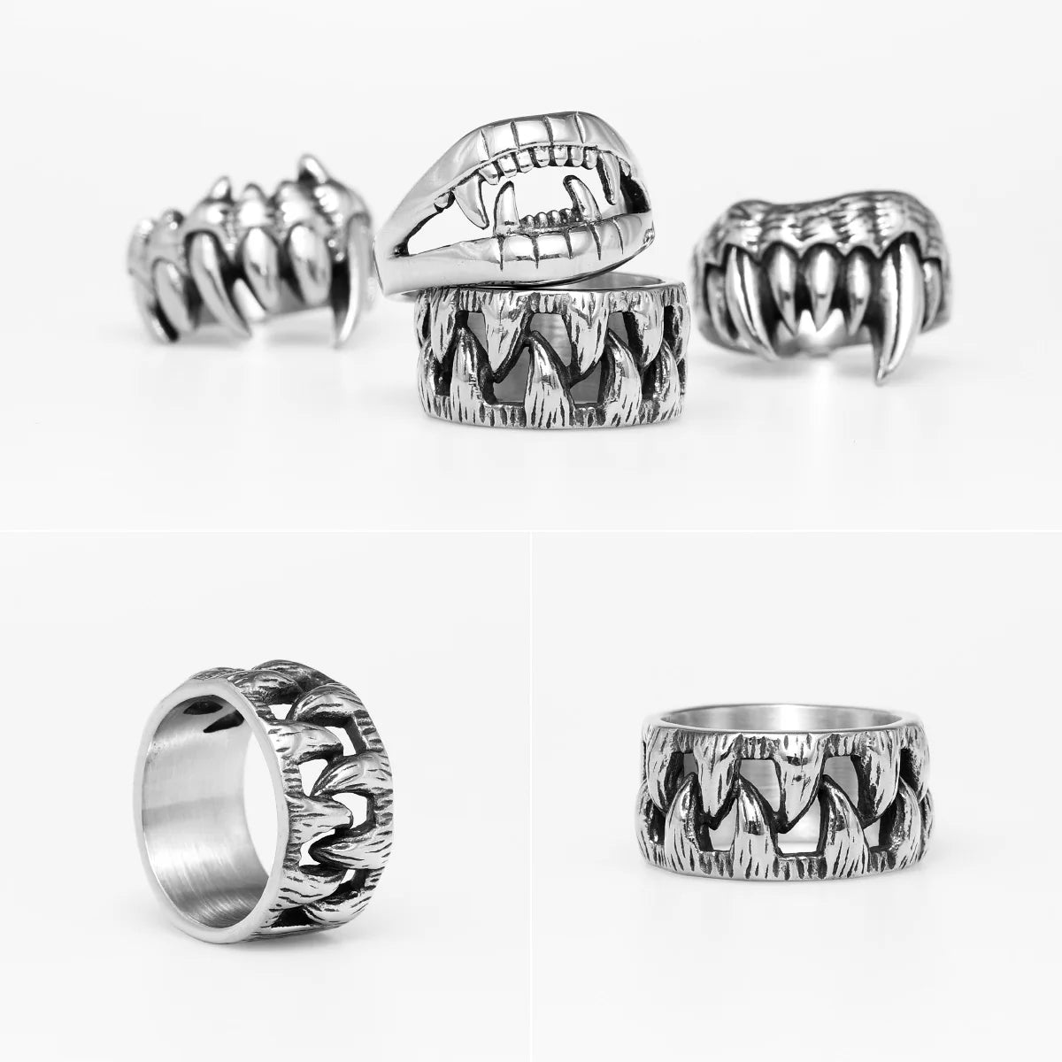 Demon Monster Beast Teeth Stainless Steel Mens Rings Punk Hiphop Unique Trendy for Male Biker Jewelry Creativity Gift Wholesale