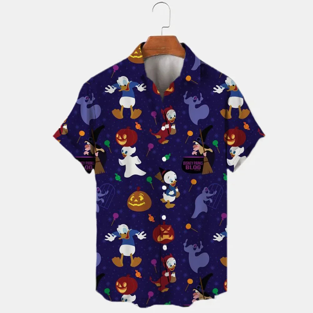 Miniso Nueva colección de Halloween Disney Brand Mickey Anime Camisa hawaiana de manga corta con solapa y corte ajustado para hombre Y2k con estampado 3D