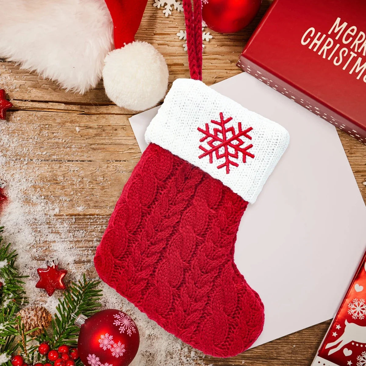 Chaussettes de Noël Tricot Flocon de Neige Lettre Bas Décoration de Noël Pour La Maison 2024 Ornement d'Arbre de Noël Cadeau Navidad Natal 2024