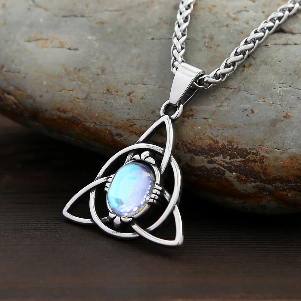 Nordic Vintage Stainless Steel Trinity Knots Pendant Necklaces For Men Women Fashion Opal Necklace Viking Amulet Jewelry Gifts