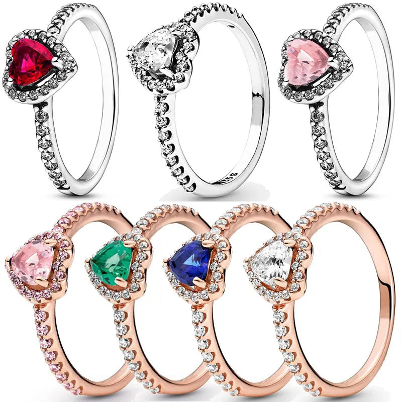 925 Sterling Silver Ring Elevated Red Heart With Colorful Crystal Rings For Women