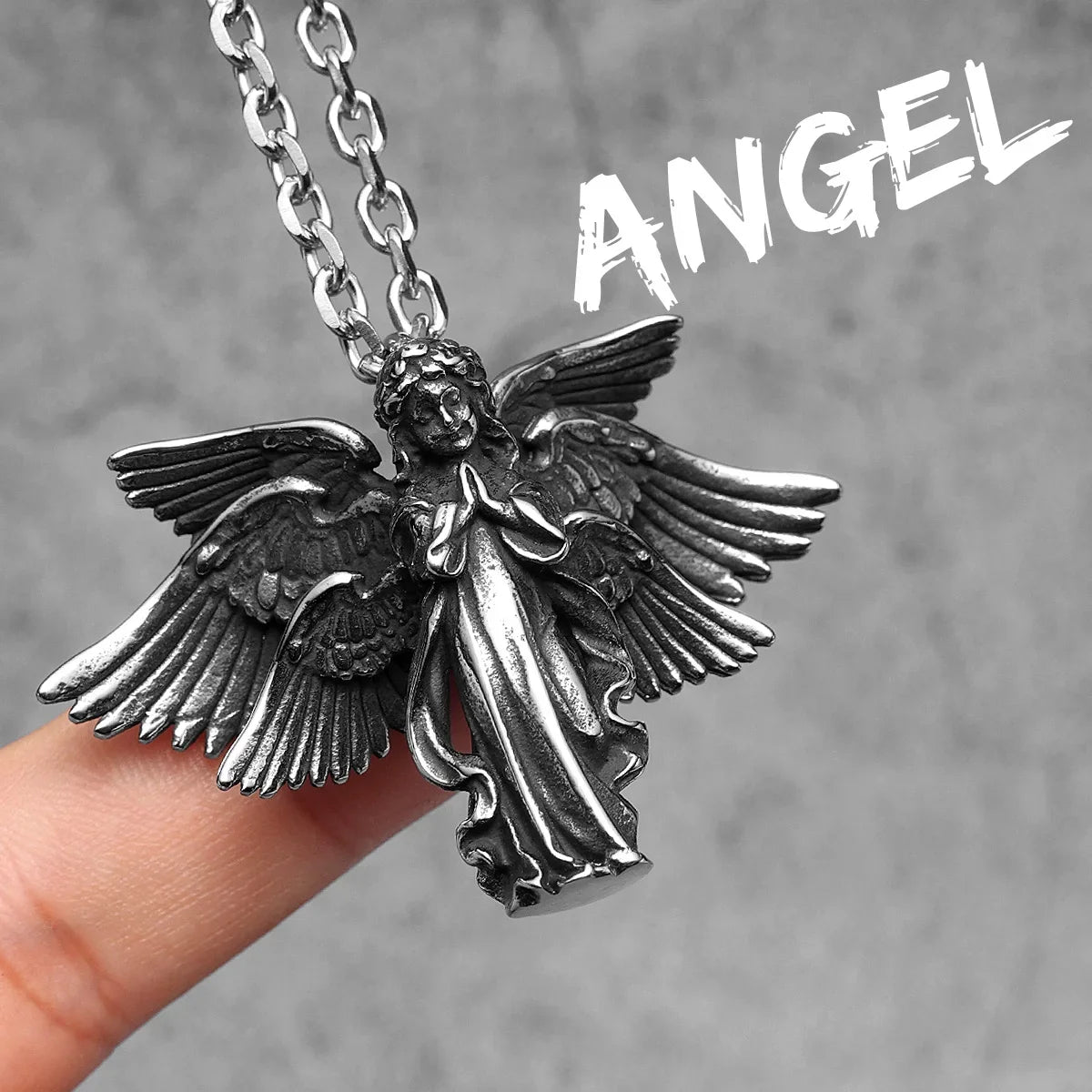 Collier avec ailes d'anges en prière en acier inoxydable 316L pour homme et femme, chaîne avec pendentif, amulette de paix, bijoux rétro, cadeau de Noël pour homme