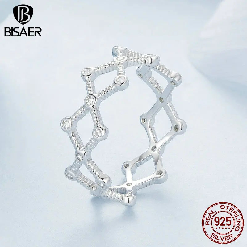 BISAER 925 Sterling Silver Rhythm Statement Ring Sparkling Zircon Band Plated White Gold for Woman Party Weedding Fine Jewelry