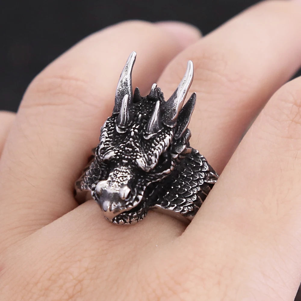 Fashion Vintage Stainless Steel Norse Viking Dragon Head Rings Punk Biker Dragon Scale Ring For Men Creative Amulet Jewelry Gift