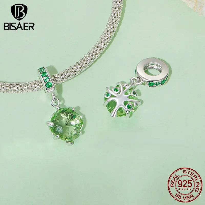 BISAER 925 Sterling Silver Green Life Tree Charm Bead Four Leaf Clover Ladybug Pendant Fit Women DIY Bracelet Fine Jewelry Gift