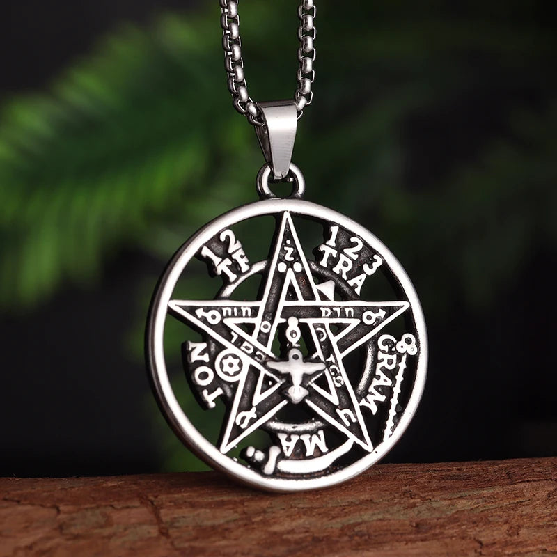 Retro Gothic Snake Coiled Pentagram Pendant Necklace for Mens Cycling Jewelry Punk Rock Exorcism Amulet