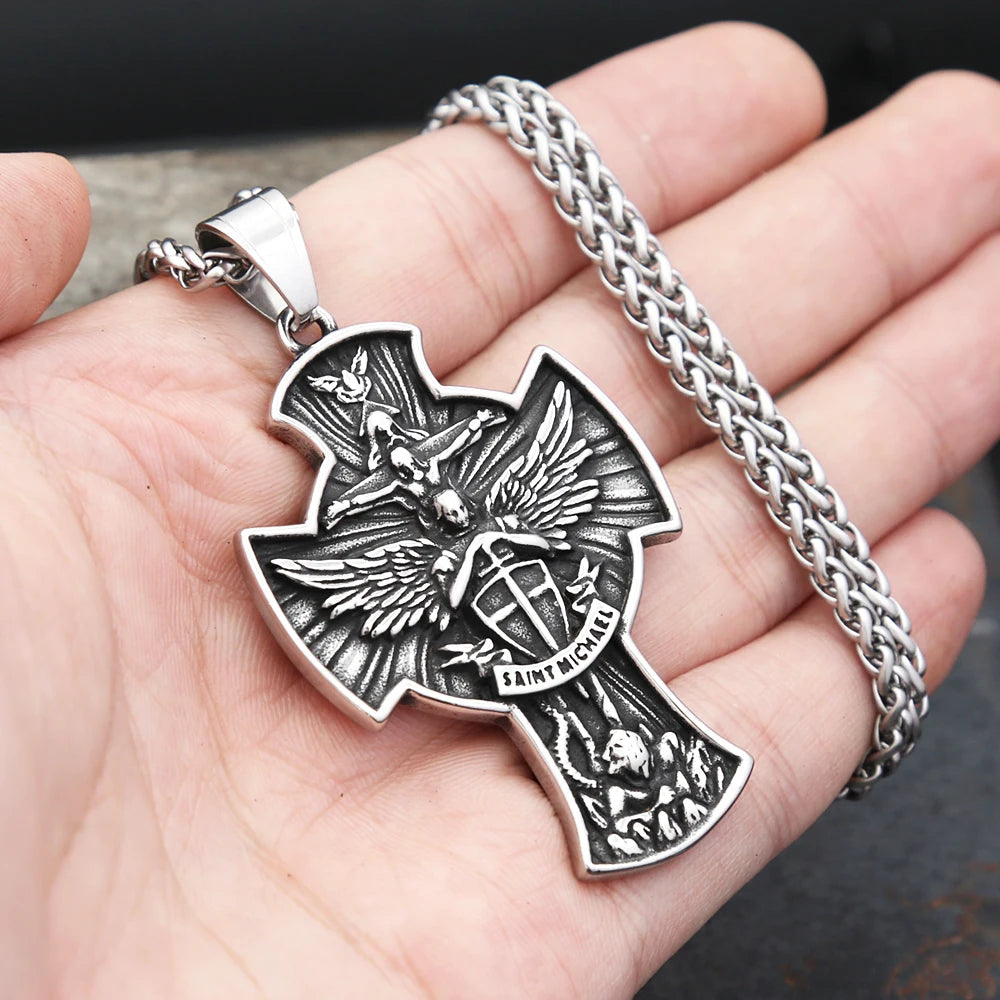 New Vintage Archangel Saint Michael Pendant Necklaces For Man Stainless Steel Angel Wings Cross Necklace Amulet Jewelry Gifts