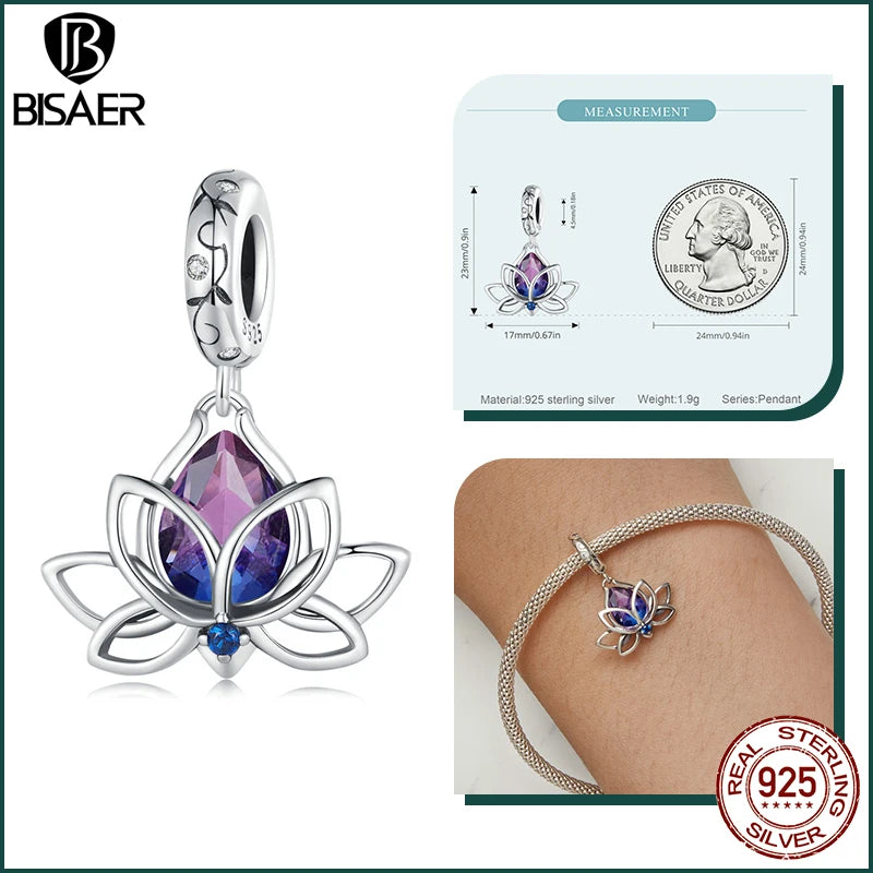 BISAER 925 Sterling Silber Lotusblume Charm Bead Gradient Lila Kristall Anhänger Passend Für Frauen DIY Armband Halskette Edlen Schmuck