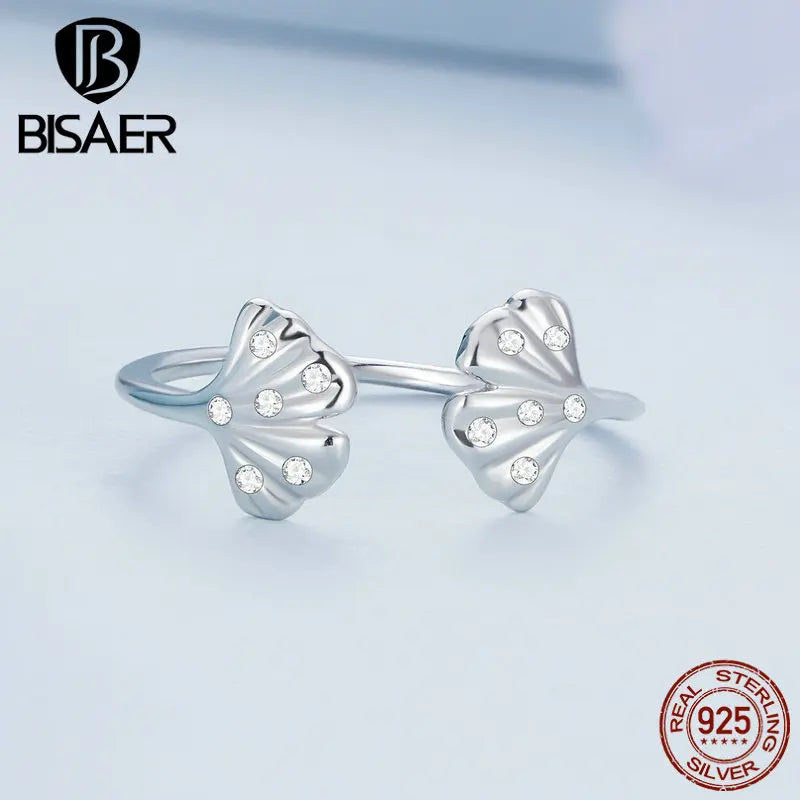 BISAER 100% 925 Sterling Silver Ginkgo Leaf Ring Plant Stud Earrings for Elegant Women Party Fine Jewelry Set Autumn Gift