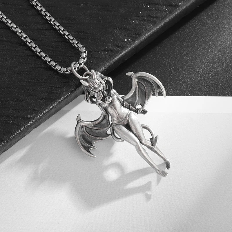 Exquisite Retro Sexy Devil Bat Girl Pendant Necklace for Men and Women Gothic Hip Hop Trend Cosplay Punk Jewelry