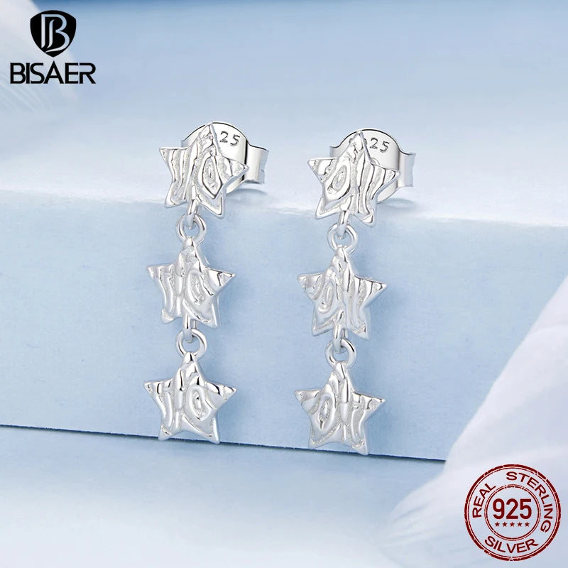 BISAER 925 Sterling Silver Dancing Starlight Stud Earrings Plated White Gold Star Hypoallergenic Earrings for Women Fine Jewelry