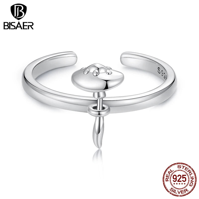 BISAER 925 Sterling Silver Cute Mushroom Open Ring Adjustable Size 5-9 Band  for Women Party Fine Jewelry ECR1086-E