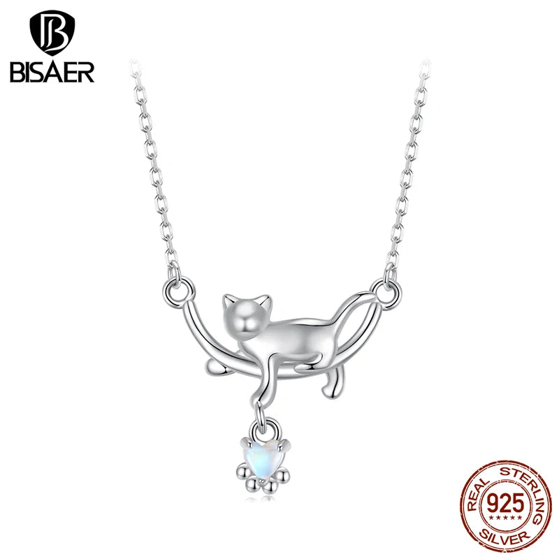 BISAER Cute Cat Necklace 925 Sterling Silver Heart Moonstone Chain Plated White Gold for Wenmen Party Original Fine Jewelry Gift