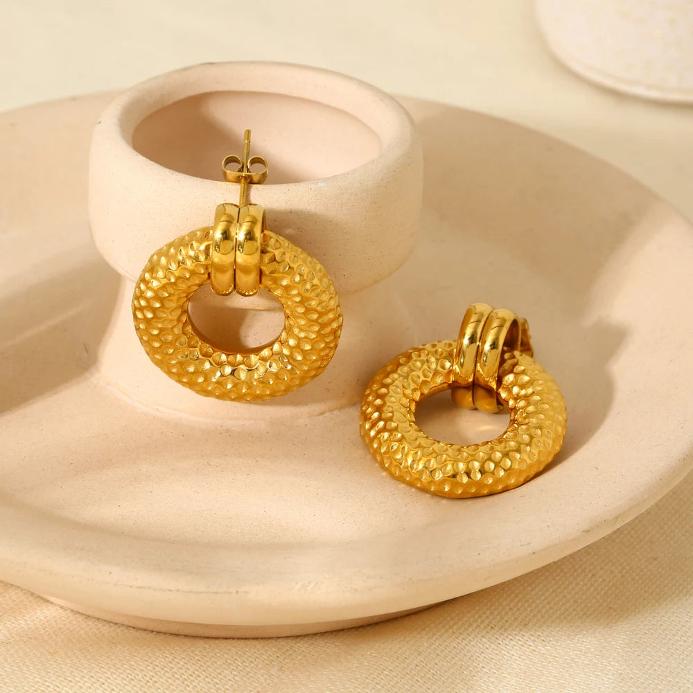 New 18K Gold Plated Stainless Steel Texture Round Studs Earring Waterproof Chunky Bold Earrings Jewelry Bijoux