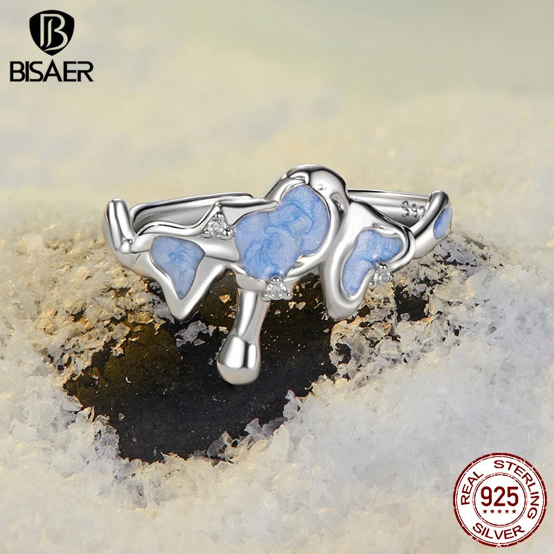 BISAER 925 Sterling Silver Snow Mountain Open Ring Snowflake Adjustable Size Band plated White Gold for Women Party Fine Jewelry