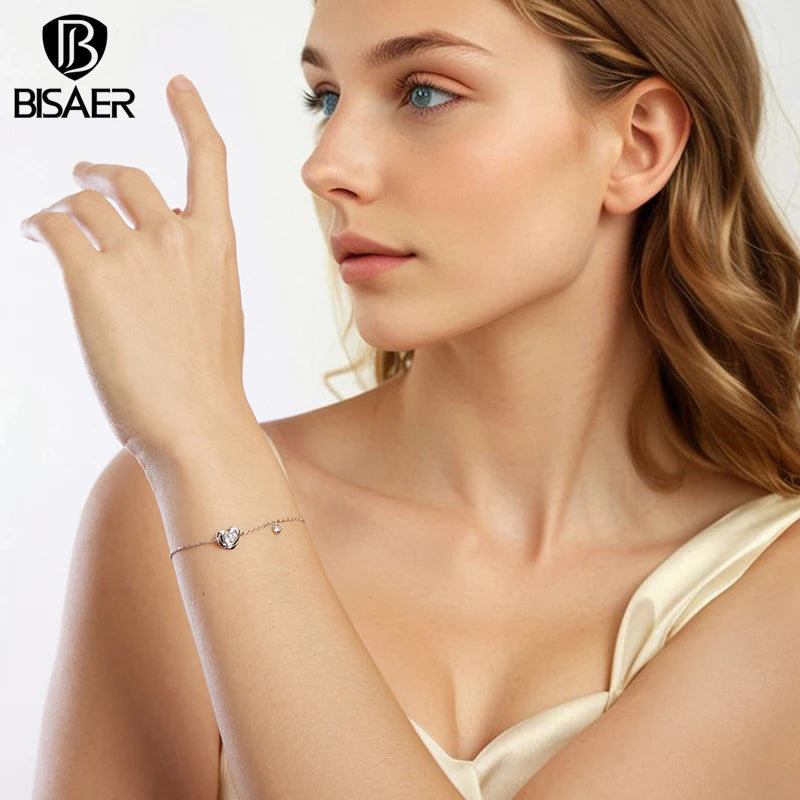 BISAER 925 Sterling Silver Heart Rose Bracelet Adjustable Charm Chain Plated White Gold for Women Party Fine Jewelry EFB200