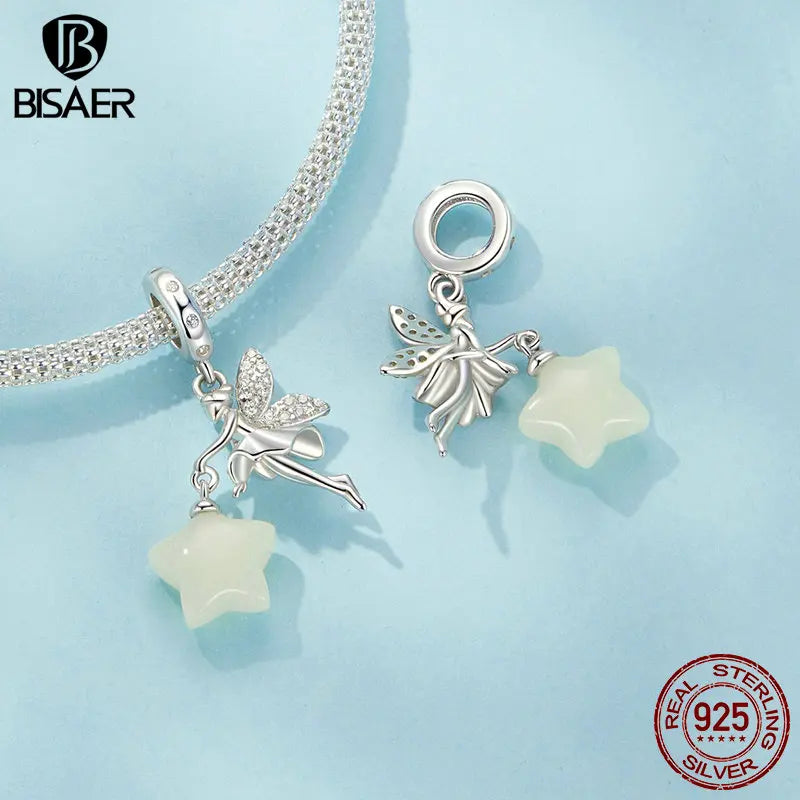 BISAER 100% 925 Sterling Silver Magical Fairy Charms Beads Luminous Star Pendant Fit Woman DIY Bracelet Necklace Fine Jewelry