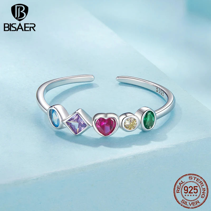 BISAER 925 Sterling Silver Colorful Open Ring Adjustable Size 5-9 Band  Plated White Gold for Women Party Original Fine Jewelry