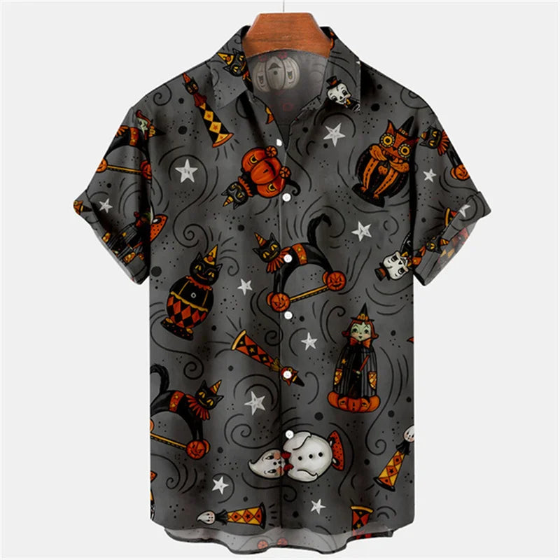 Vintage Men's Shirt Halloween Pumpkin Head 3D Print Men's Clothing Summer  Casual Hawaii Beach Hawaiian Harajuku Holiday Shirt