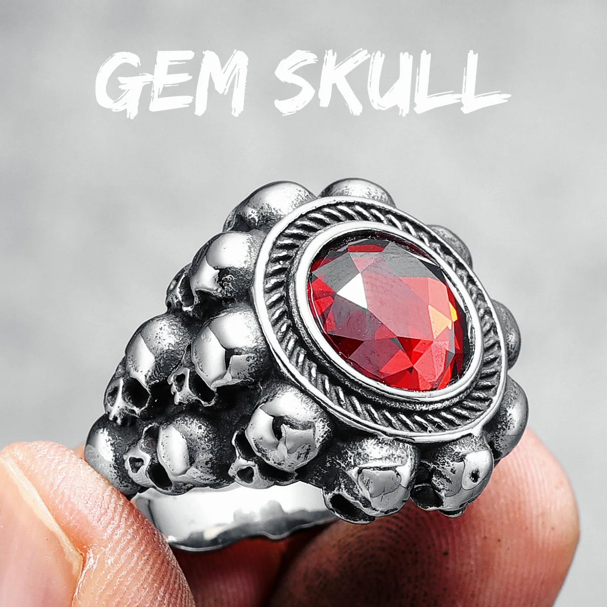 Gem Skeleton Men Rings 316L Stainless Steel Gemstone Skull Treasure Rock Party for Biker Rider Male Boyfriend Jewelry Best Gift