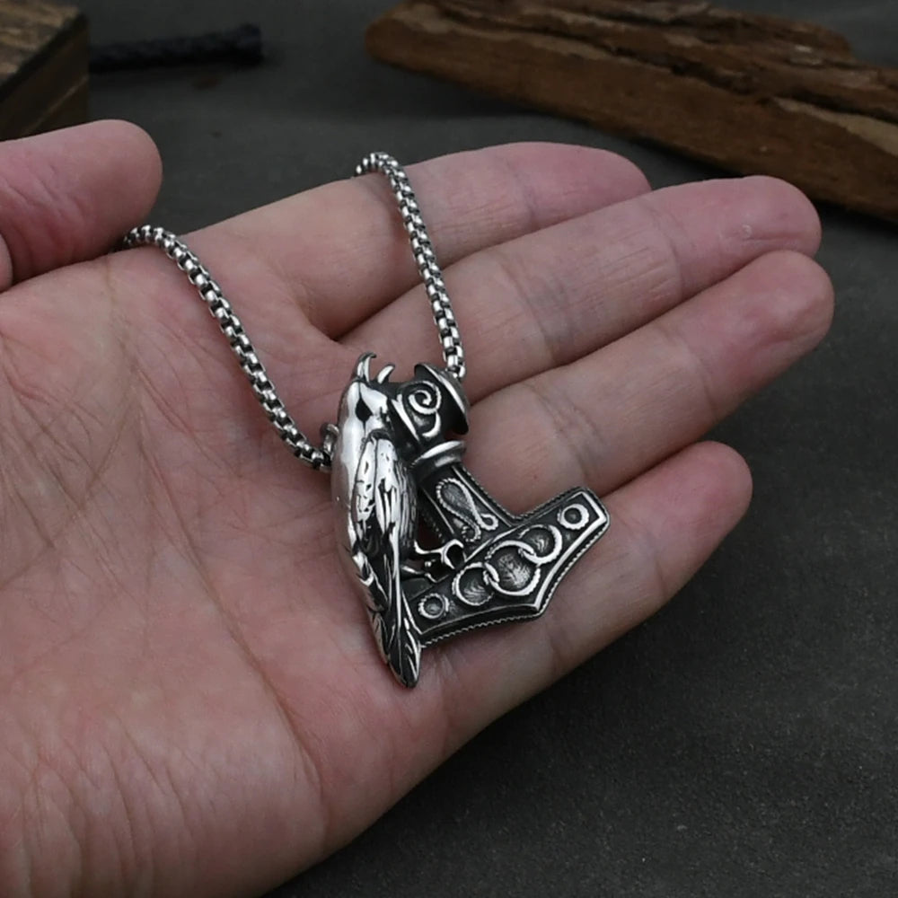 Vintage Odin's Symbols Raven Necklaces Men Punk Stainless Steel Thor's Hammer Mjolnir Pendant Norse Runes Vikings Jewelry