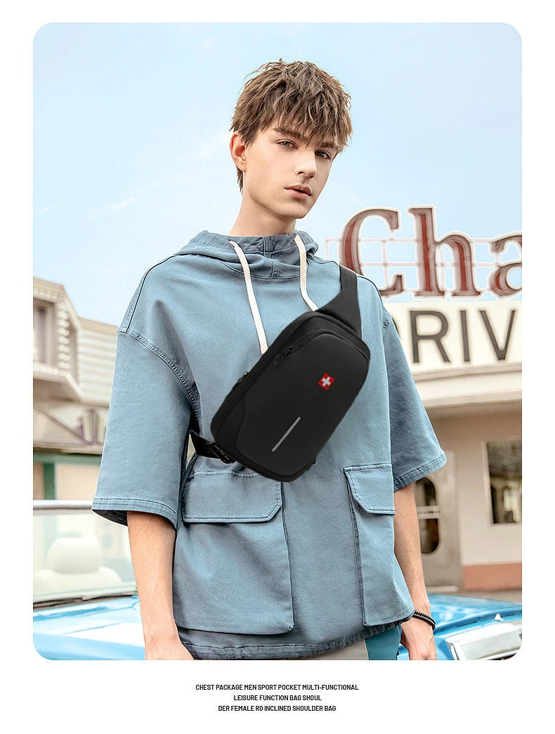 SWISS New Men's Fashion Chest Bag Solid Color Chest Bag Outdoor Casual Fashion  Shoulder Crossbody Bag Waterproof anti-theft bag