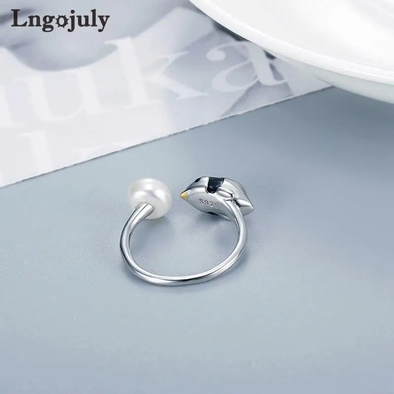 Anillo de pingüino con perla ajustable de plata de ley 925 de joyería fina para mujeres y niñas, regalos de joyería para aniversarios, bodas y fiestas