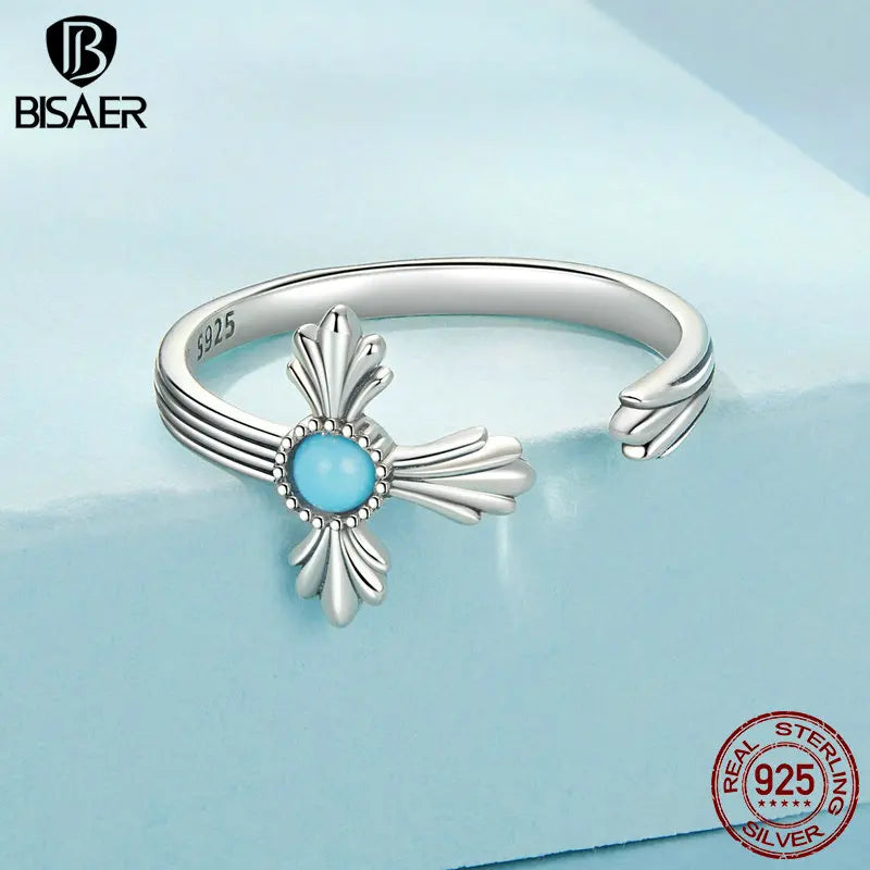 BISAER 100% 925 Sterling Silver Vintage Cross Open Ring Retro Turquoise Eternity Bands for Women Party Fine Jewelry ECR1061